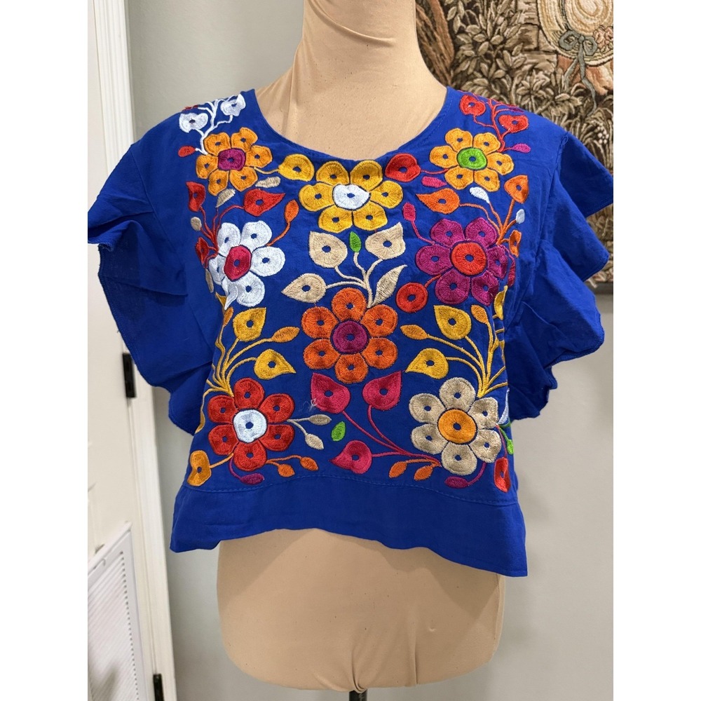 Blouse Womens Medium Blue Embroidered Floral Ruffle Sleeve Backless Crop Top